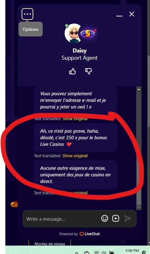 réponse du livechat sur la question du wager